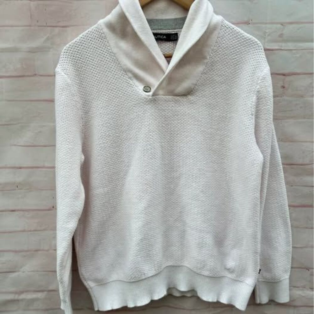 VTG Nautica size L men’s shawl collar grandpa preppy ivory sweater
